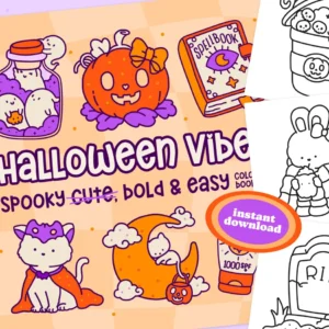 Halloween Coloring Book, Cute, Spooky Printable Instant Digital Download PDF, 50 Pages with Big
