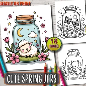 Cute Spring Jars Coloring Pages, Kawaii Printable Coloring-Book, Instant Digital Download