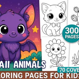 300 Kawaii Kids Coloring Pages,  Printable Coloring Book for Children, Instant Digital Download