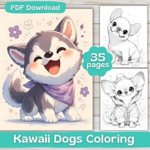 Kawaii Dogs, Coloring Pages, Cute Kawaii Animals Coloring, Digital Download